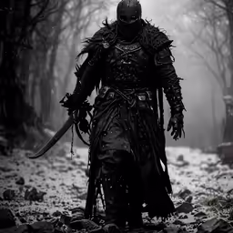 a knight with two huge swords walks in the snow