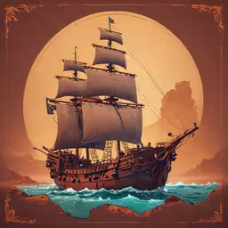 an illustration of a ship in the ocean,a sailboat is sailing past a full moon