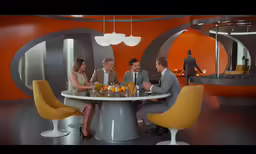 a group of people are sitting around a table in a room