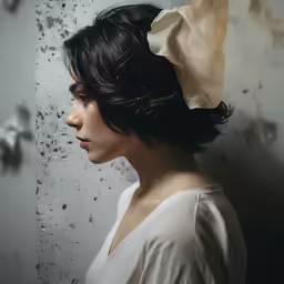 a woman with dark hair wears a white top against the wall