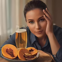 a woman that is leaning on a plate next to a glass