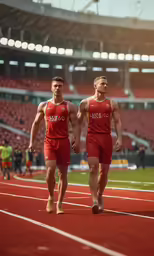 two men are standing side by side at the track