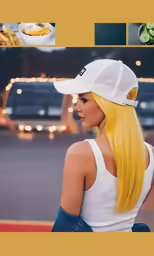 the beautiful blonde woman is wearing a white hat