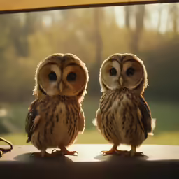 two owls sitting on top of a window sill