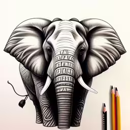 a drawing of an elephant head on a paper,an elephant is painted on a wall next to pencils,an elephant drawn in a pencil and the shape of a mask,an elephant is shown with a pencil drawing in progress,a drawing of an elephant on a sheet of paper