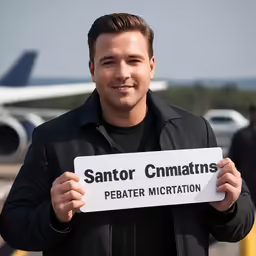 a man is holding a sign that says pebater miclation