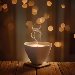 a candle is floating in a coffee cup