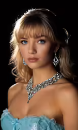 a young lady wearing a blue dress and some silver jewelry