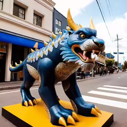 a blue and yellow statue of a growling dragon