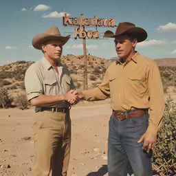 two men shaking hands at the entrance to a desert resort