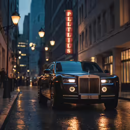 a black rolls royce parked at night on the street