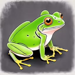 a drawing of a green frog with yellow legs and legs