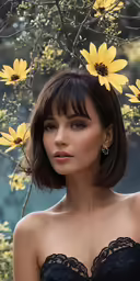 woman wearing large floral hair clip, black strapless bra, and black choker