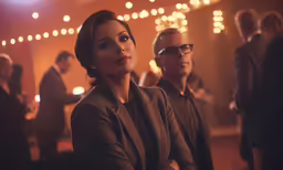 a woman in a suit looking away from some people
