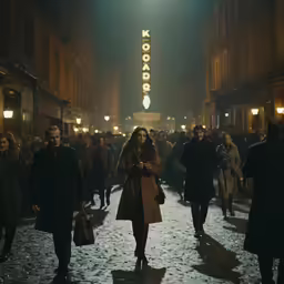 a crowd of people walking down a street at night