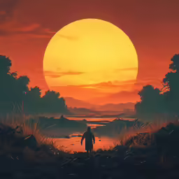 a person walking away from a large sun