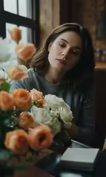 a beautiful woman sitting at a table with flowers