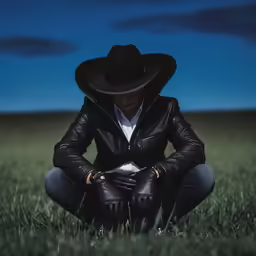 a man in a leather jacket crouches down in the grass