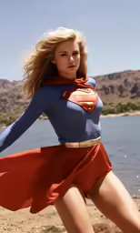 a woman in a superman suit is running along the beach