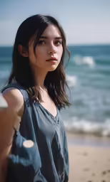 an asian woman standing on the beach