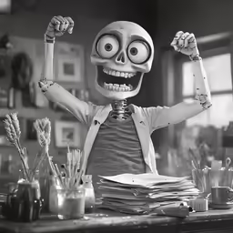 a skeleton with eyes, arms and hands raised in front of papers