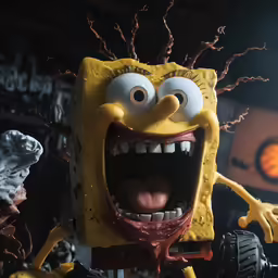 a spongeman monster and an evil looking toy