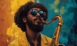 man with afro hair and blue sunglasses playing the saxophone