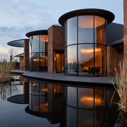 the water is reflecting the outside of the building