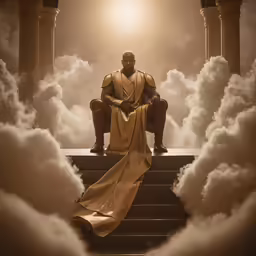 a man sitting on a stairway with clouds surrounding him