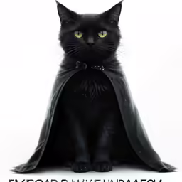 the black cat wearing a cape looks very regal