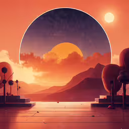 a view into an orange and purple space,a futuristic sci - fi scene shows a bright orange sunset