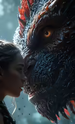 woman and big dinosaur in art work for video game