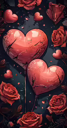 some roses and hearts, one that is bleeding