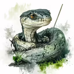a painting of a snake holding a wand in its mouth