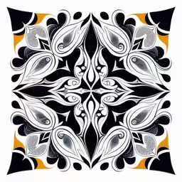 a square shaped pattern with black and yellow details,the design of a white, black and orange abstract square with a leafy design on it