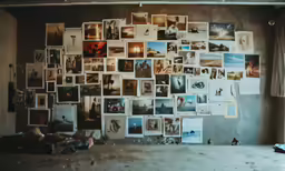 a room with many photos hanging on the wall