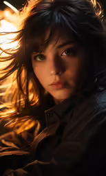 a woman with her hair blown back standing in front of a camera
