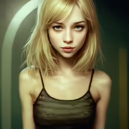 a female character with blonde hair wearing black and green