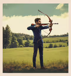 a man in a suit holding a bow and looking into the distance,a man holding a bow and arrow in his hand