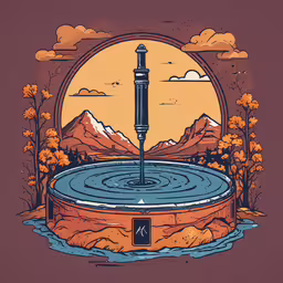 a picture of the water well, with mountains in the background,the fountain has a pen on top and it is next to some trees