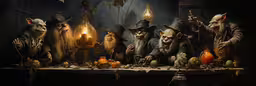 a painting of people wearing witches on top of a table,a group of wizard creatures sit in front of some light