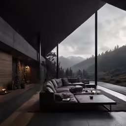 a large sofa is surrounded by large glass windows
