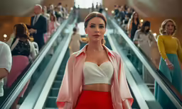 a young woman is standing in front of an escalator