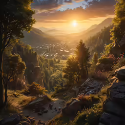 a landscape shot of the sunset over a valley