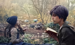 two boys sitting and studying outside with books