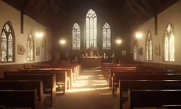 the inside of a church with wooden pews