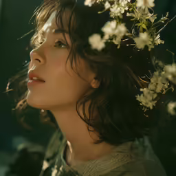 a woman with flowers in her hair