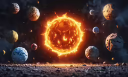 a photo of an orange ball in the middle of several planets