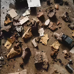 scraps and papers laying on the ground
