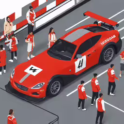 a sports car is driving with racegoers standing behind,a large group of people near a racing car